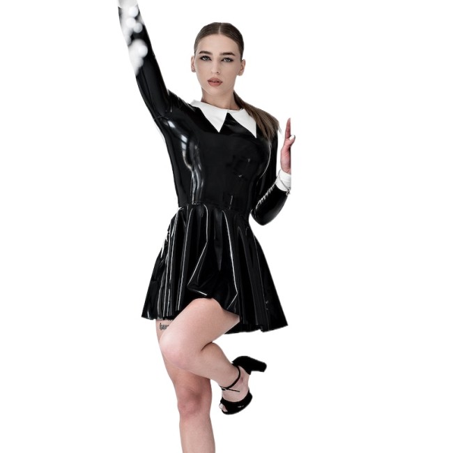 Wet Look PVC Leather Women Turn-down Collar Mini Dress Faux Latex Slim Long Sleeve Sexy Bodycon A-line Dress Party Clubwear 7XL