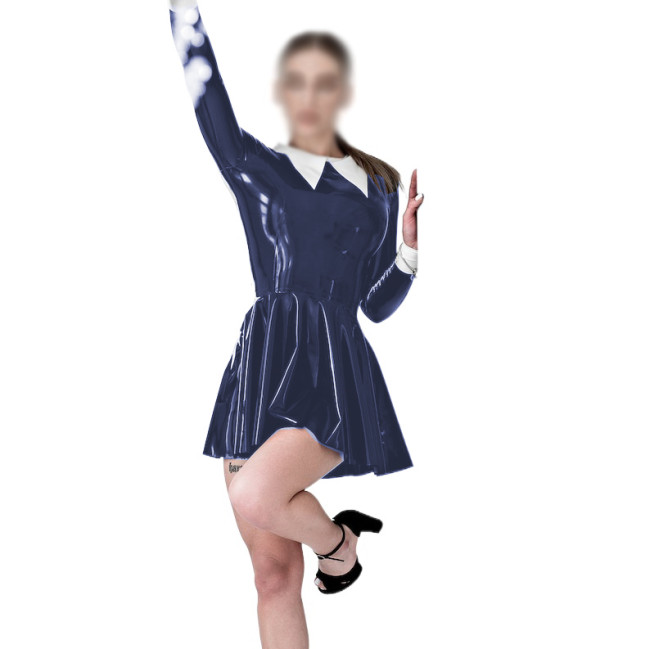Wet Look PVC Leather Women Turn-down Collar Mini Dress Faux Latex Slim Long Sleeve Sexy Bodycon A-line Dress Party Clubwear 7XL