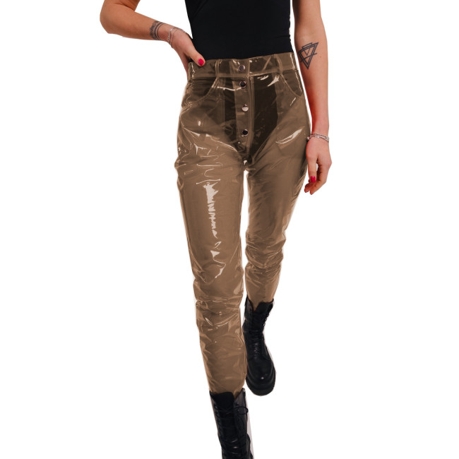 Clear PVC Pants Fetish Plastic Transparent Button Trousers Fashion Trendy Women Sexy High Waist See Through Pants Club Bar Wear