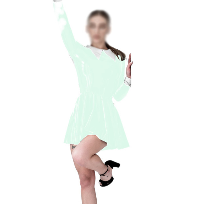 Wet Look PVC Leather Women Turn-down Collar Mini Dress Faux Latex Slim Long Sleeve Sexy Bodycon A-line Dress Party Clubwear 7XL