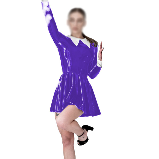 Wet Look PVC Leather Women Turn-down Collar Mini Dress Faux Latex Slim Long Sleeve Sexy Bodycon A-line Dress Party Clubwear 7XL
