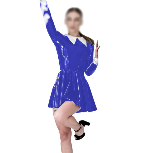 Wet Look PVC Leather Women Turn-down Collar Mini Dress Faux Latex Slim Long Sleeve Sexy Bodycon A-line Dress Party Clubwear 7XL