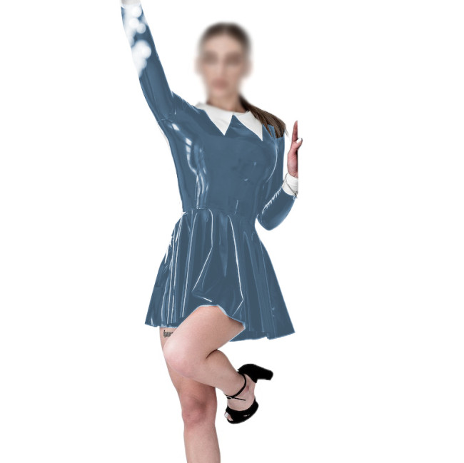 Wet Look PVC Leather Women Turn-down Collar Mini Dress Faux Latex Slim Long Sleeve Sexy Bodycon A-line Dress Party Clubwear 7XL