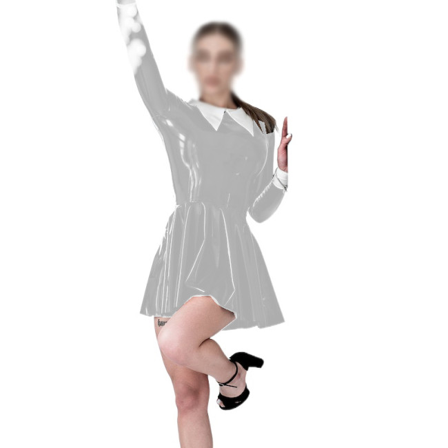 Wet Look PVC Leather Women Turn-down Collar Mini Dress Faux Latex Slim Long Sleeve Sexy Bodycon A-line Dress Party Clubwear 7XL