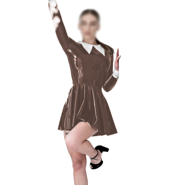 Wet Look PVC Leather Women Turn-down Collar Mini Dress Faux Latex Slim Long Sleeve Sexy Bodycon A-line Dress Party Clubwear 7XL