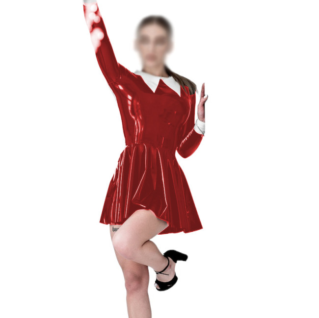 Wet Look PVC Leather Women Turn-down Collar Mini Dress Faux Latex Slim Long Sleeve Sexy Bodycon A-line Dress Party Clubwear 7XL