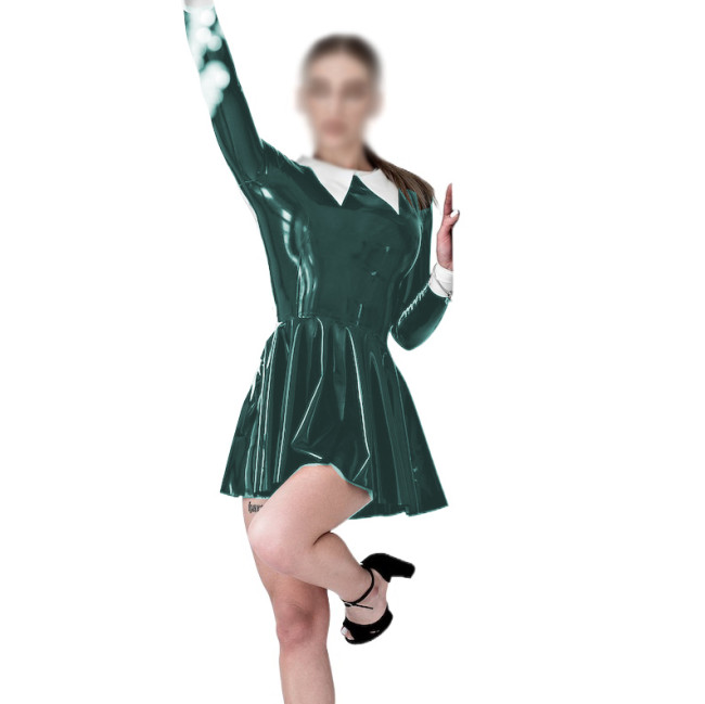 Wet Look PVC Leather Women Turn-down Collar Mini Dress Faux Latex Slim Long Sleeve Sexy Bodycon A-line Dress Party Clubwear 7XL