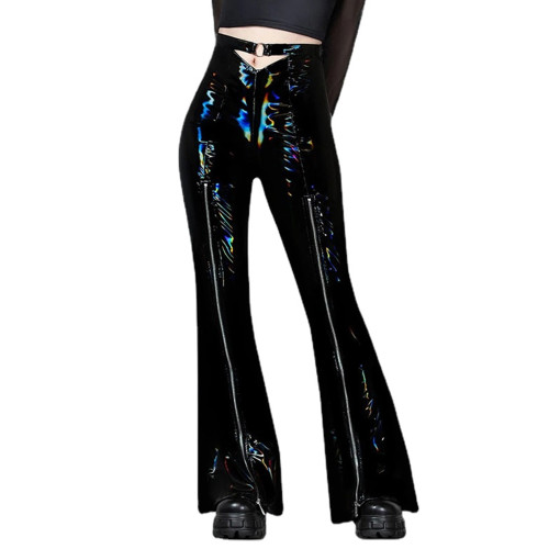 Punk Women Hollow Ring Rompers Glossy PVC Slim Zipper Flare Pants Boot Cut Trousers Skinny Pants Sexy Club Costumes Femme S-7XL
