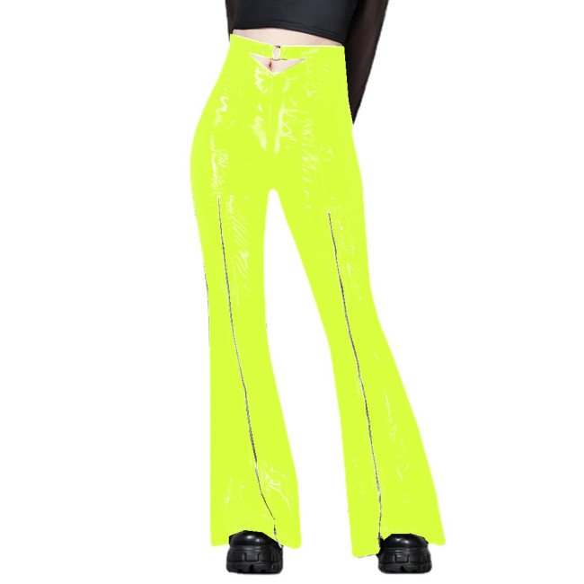 Punk Women Hollow Ring Rompers Glossy PVC Slim Zipper Flare Pants Boot Cut Trousers Skinny Pants Sexy Club Costumes Femme S-7XL