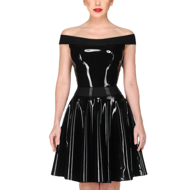 Sexy PVC Shiny Mini Swing Dress Women Slash Neck Slim Pleated Dresses Ladies Strapless Party Gown Dress Wet Look Dress Vestidos