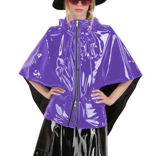 Elegant Ladies Shiny PVC Leather Hooded Capes Fashion Street Cloak Punk Zipper Pocket Sleeveless Poncho Wetlook Coat Clubwear