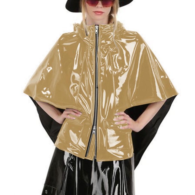 Elegant Ladies Shiny PVC Leather Hooded Capes Fashion Street Cloak Punk Zipper Pocket Sleeveless Poncho Wetlook Coat Clubwear