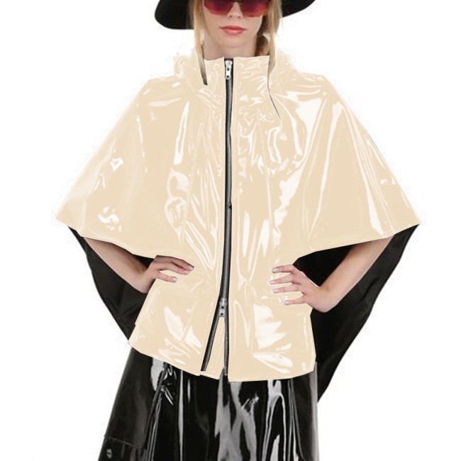 Elegant Ladies Shiny PVC Leather Hooded Capes Fashion Street Cloak Punk Zipper Pocket Sleeveless Poncho Wetlook Coat Clubwear