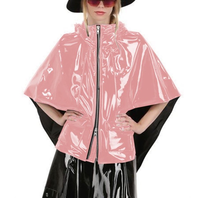 Elegant Ladies Shiny PVC Leather Hooded Capes Fashion Street Cloak Punk Zipper Pocket Sleeveless Poncho Wetlook Coat Clubwear