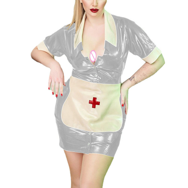 Sissy PVC Shiny Nurse Cosplay Uniforms Wet Look Turn-down Collar Button Up Nurse Fancy Dress with Apron Fetish Halloween Costume