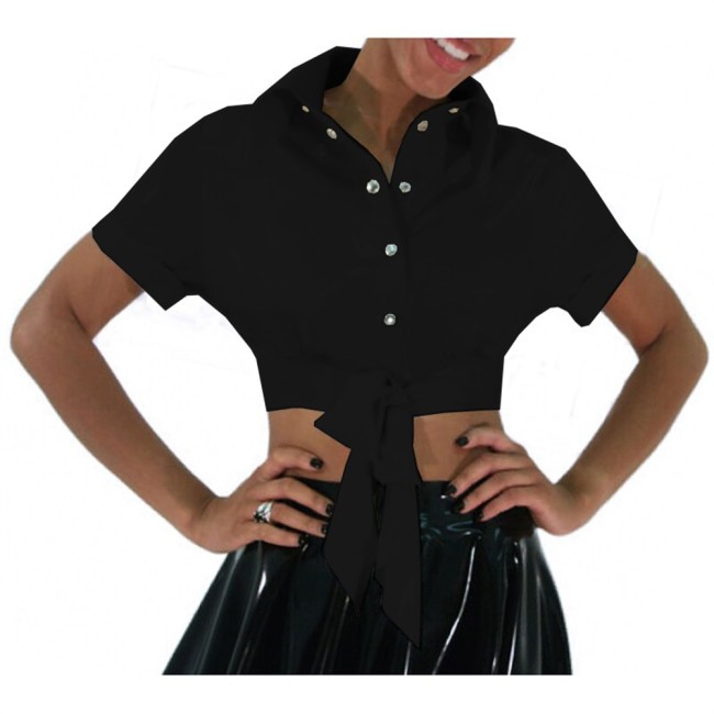 Punk Girls Shiny PVC Shirt Wet Leather Short Sleeve Turn-down Collar Tops Clubwear Sexy Short Shirt Summer Streerwear Blouse