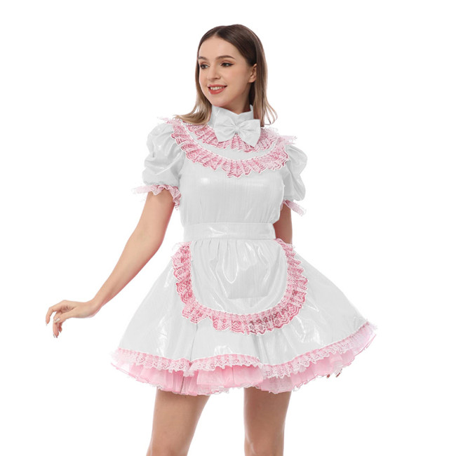 Halloween Party Cosplay Maid Uniforms Lace Trims High Neck Metallic Mini Maid Fancy Dress with Apron Sweet Bow Role Play Outfit