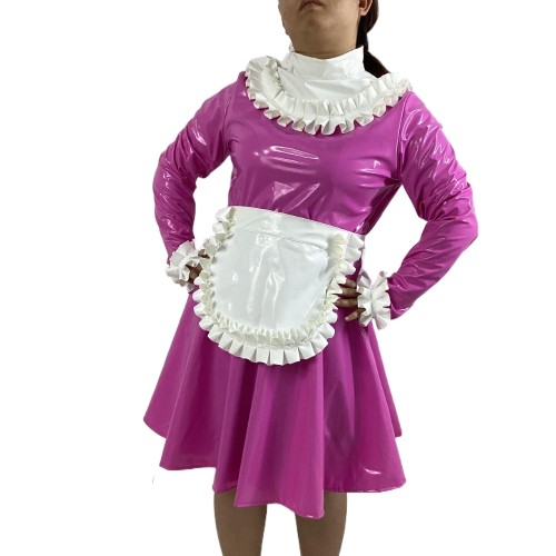 Lolita Ruffles High Neck Fetish PVC A-line Maid Dress Raves Party Cosplay Maid Uniforms Shiny Longs Sleeve Pleated Maid Dress