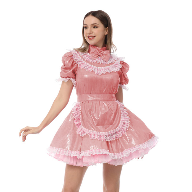 Halloween Party Cosplay Maid Uniforms Lace Trims High Neck Metallic Mini Maid Fancy Dress with Apron Sweet Bow Role Play Outfit