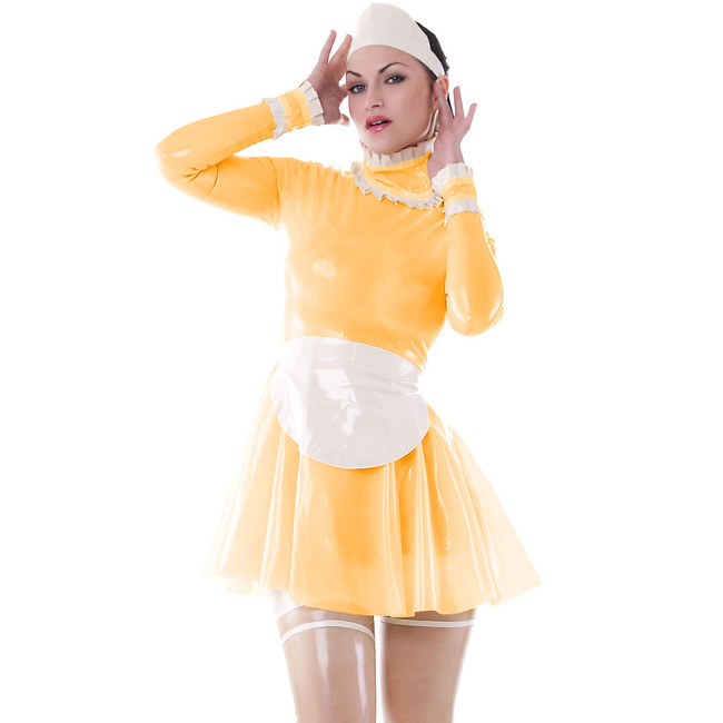 Glazing PVC Leather A Line Dress Transparent See Through Dress Gothic Clear Sheer Skater Dress With Apron Cosplay Costume S-7XL