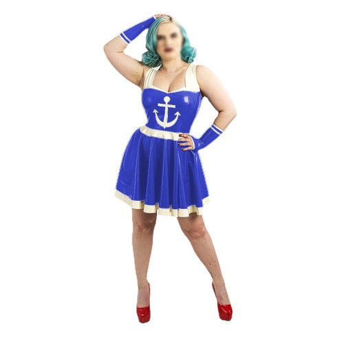 Womens PVC Shiny Sexy Navy Outfit Vinyl Leather A-line Sailor Suit Halloween Party Navy Uniform Cosplay Fancy Dress with Gloves