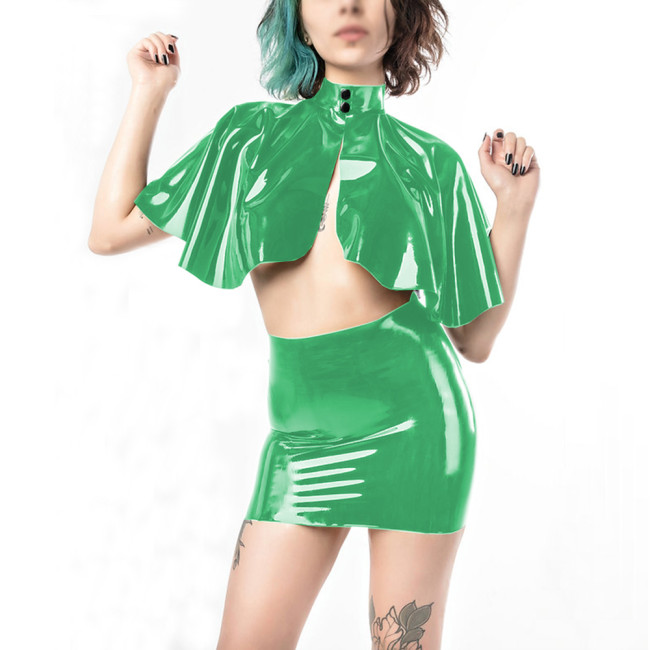 Sexy 2 Piece Set Women Faux PVC Leather High Neck Short Cape and Vinyl Bodycon Pag Hip Mini Skirt Midnight Party Suits Clubwear