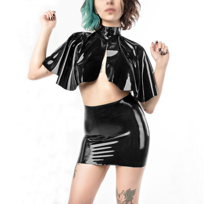 Sexy 2 Piece Set Women Faux PVC Leather High Neck Short Cape and Vinyl Bodycon Pag Hip Mini Skirt Midnight Party Suits Clubwear
