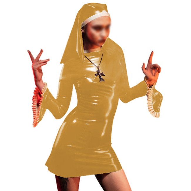 Sexy Cosplay Uniform Nun Headgear Flare Sleeve Sheath Mini Dress Glossy PVC Fuax Latex Full Sleeve Bodycon Dress Party Clubwear