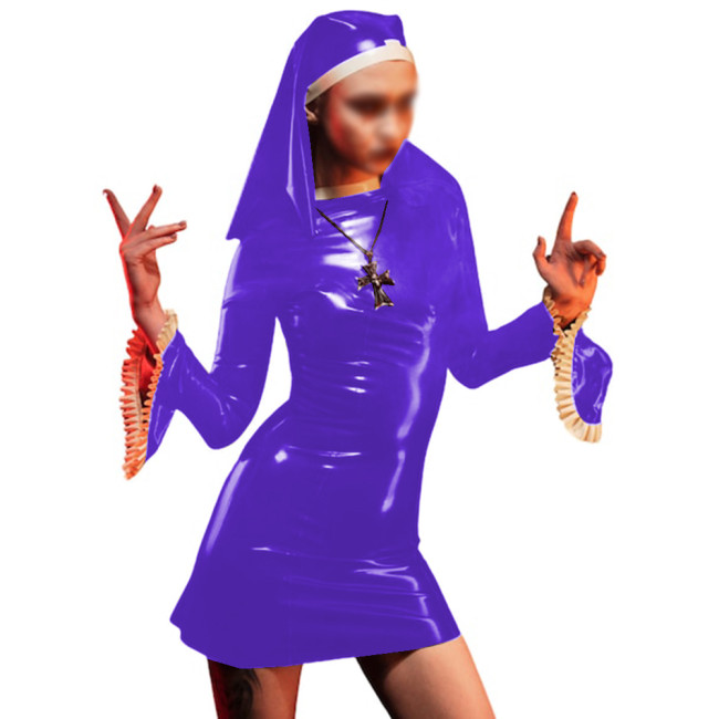 Sexy Cosplay Uniform Nun Headgear Flare Sleeve Sheath Mini Dress Glossy PVC Fuax Latex Full Sleeve Bodycon Dress Party Clubwear