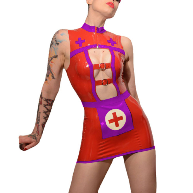 Sissy Sexy Hollow Out Buckle Zipper PVC Shiny Nurse Uniforms Fetish Cosplay Nurse Costume Fetish Apron Bodycon Mini Nurse Dress