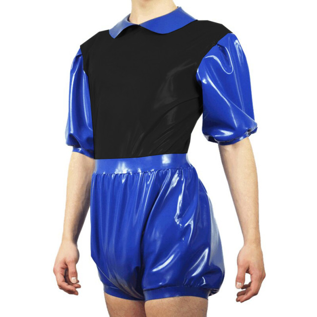 Mens Short Puff Sleeves Vinyl PVC Leather Bodysuit Wet Look Peter Pan Collar Rompers Patchwork Catsuit Sissy Party Club Outfits