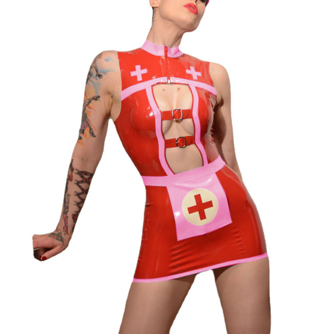 Sissy Sexy Hollow Out Buckle Zipper PVC Shiny Nurse Uniforms Fetish Cosplay Nurse Costume Fetish Apron Bodycon Mini Nurse Dress