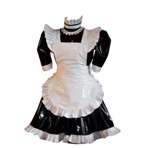Glossy PVC Leather Sexy Cosplay Uniform Maid Puff Sleeve Mini Dress Fuax Latex Short Sleeve Mini Dress with Apron Party Clubwear
