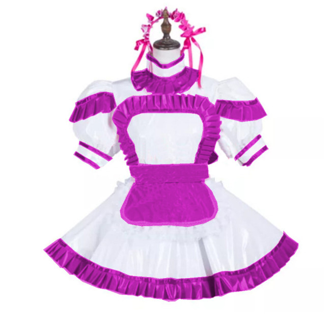 Sexy Maid Uniform Costume Glossy PVC Turtleneck Short Sleeve Dress and Apron Puff Sleeve Cosplay Dress Party Clubwear Lolita 7XL