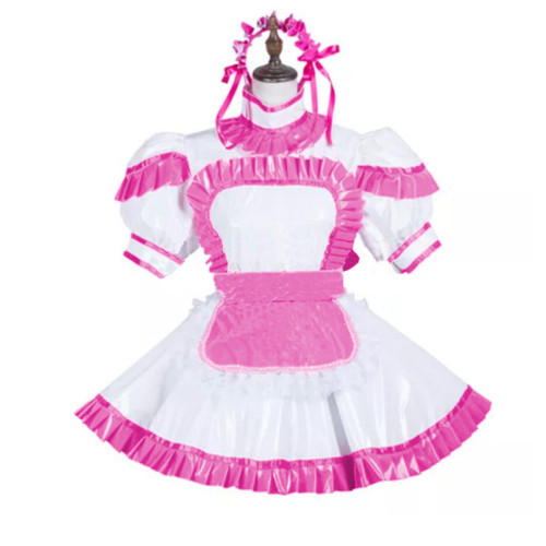 Sexy Maid Uniform Costume Glossy PVC Turtleneck Short Sleeve Dress and Apron Puff Sleeve Cosplay Dress Party Clubwear Lolita 7XL