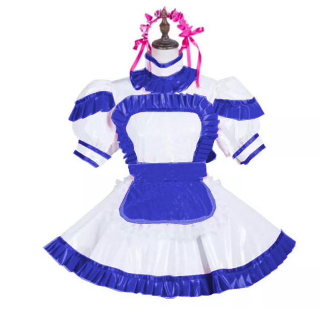 Sexy Maid Uniform Costume Glossy PVC Turtleneck Short Sleeve Dress and Apron Puff Sleeve Cosplay Dress Party Clubwear Lolita 7XL