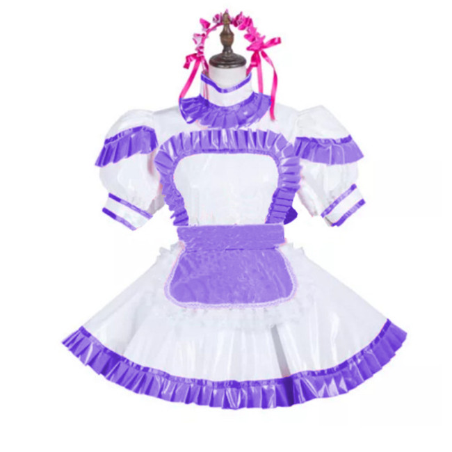 Sexy Maid Uniform Costume Glossy PVC Turtleneck Short Sleeve Dress and Apron Puff Sleeve Cosplay Dress Party Clubwear Lolita 7XL