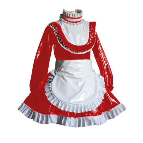Lolita Sexy Maid Dress With Apron Cosplay Long Sleeve Wet Look PVC Turtleneck Flare Mini Dress Costume Sets Fetish Clothing 7XL