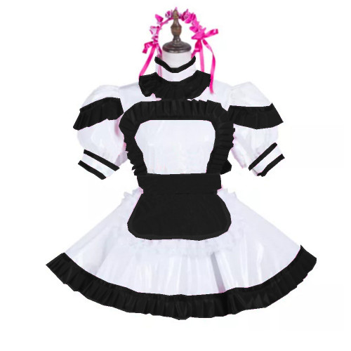 Sexy Maid Uniform Costume Glossy PVC Turtleneck Short Sleeve Dress and Apron Puff Sleeve Cosplay Dress Party Clubwear Lolita 7XL