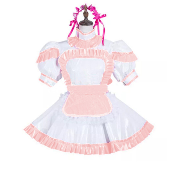Sexy Maid Uniform Costume Glossy PVC Turtleneck Short Sleeve Dress and Apron Puff Sleeve Cosplay Dress Party Clubwear Lolita 7XL