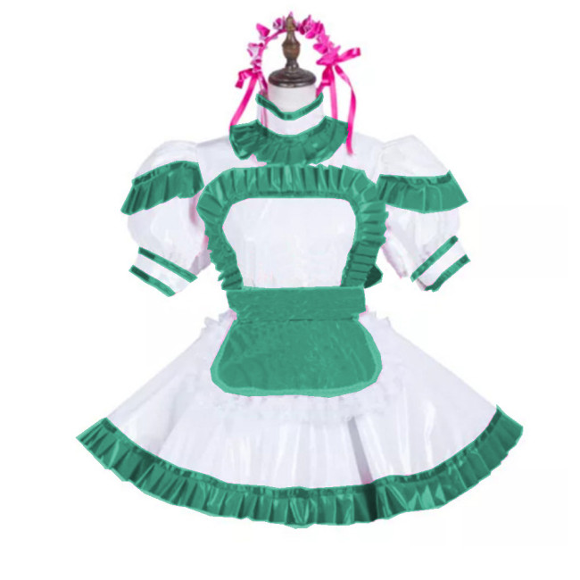 Sexy Maid Uniform Costume Glossy PVC Turtleneck Short Sleeve Dress and Apron Puff Sleeve Cosplay Dress Party Clubwear Lolita 7XL
