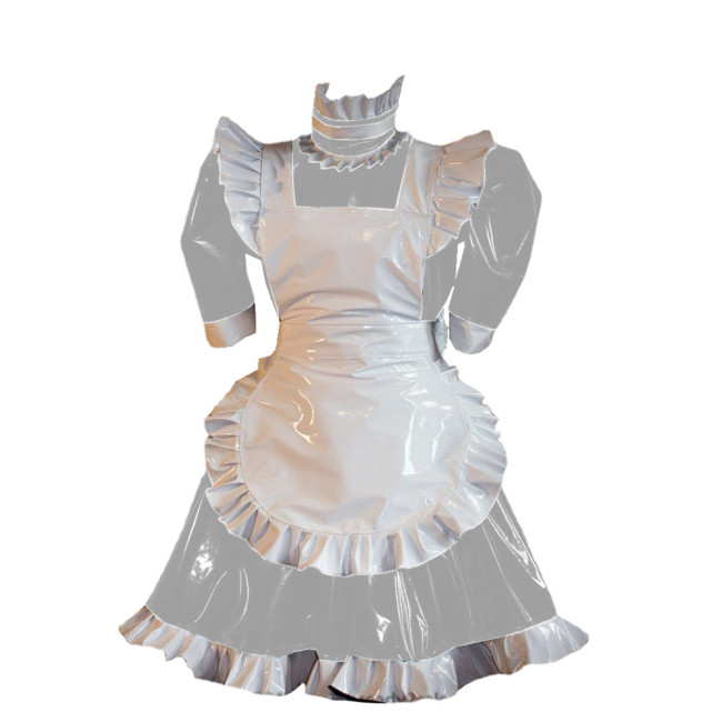 Glossy PVC Leather Sexy Cosplay Uniform Maid Puff Sleeve Mini Dress Fuax Latex Short Sleeve Mini Dress with Apron Party Clubwear