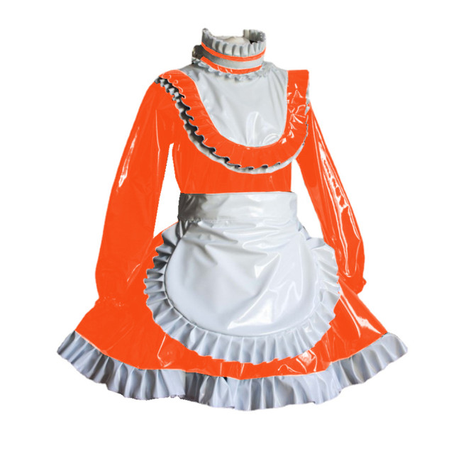 Lolita Sexy Maid Dress With Apron Cosplay Long Sleeve Wet Look PVC Turtleneck Flare Mini Dress Costume Sets Fetish Clothing 7XL