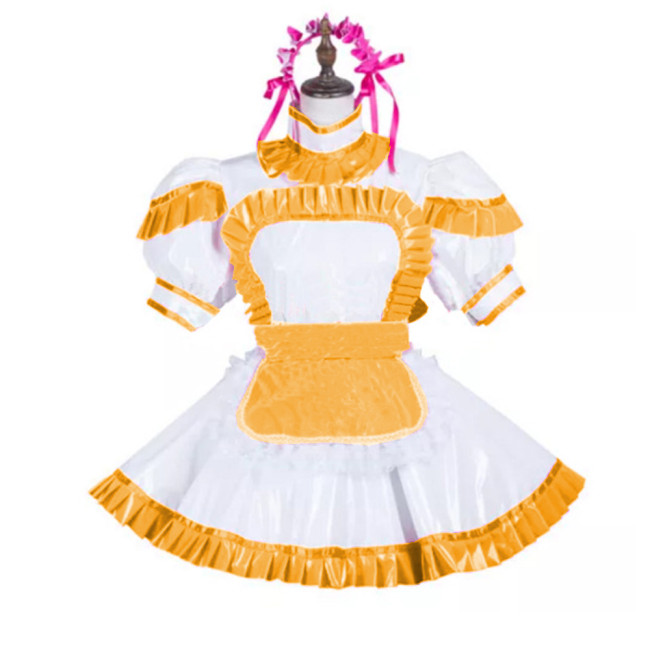 Sexy Maid Uniform Costume Glossy PVC Turtleneck Short Sleeve Dress and Apron Puff Sleeve Cosplay Dress Party Clubwear Lolita 7XL