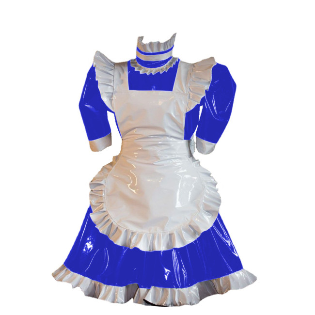 Glossy PVC Leather Sexy Cosplay Uniform Maid Puff Sleeve Mini Dress Fuax Latex Short Sleeve Mini Dress with Apron Party Clubwear