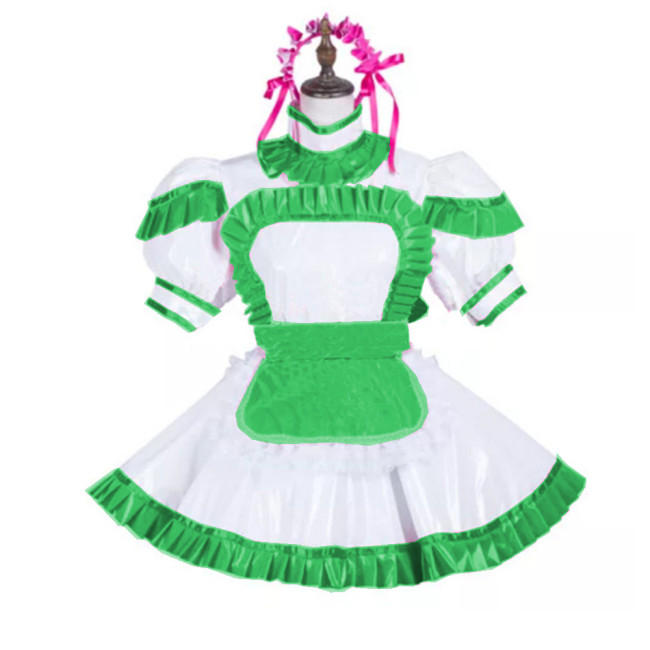 Sexy Maid Uniform Costume Glossy PVC Turtleneck Short Sleeve Dress and Apron Puff Sleeve Cosplay Dress Party Clubwear Lolita 7XL
