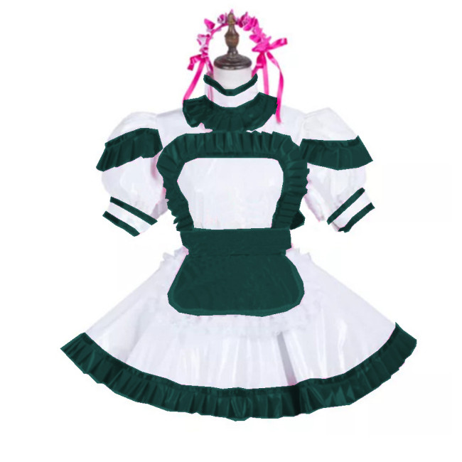 Sexy Maid Uniform Costume Glossy PVC Turtleneck Short Sleeve Dress and Apron Puff Sleeve Cosplay Dress Party Clubwear Lolita 7XL