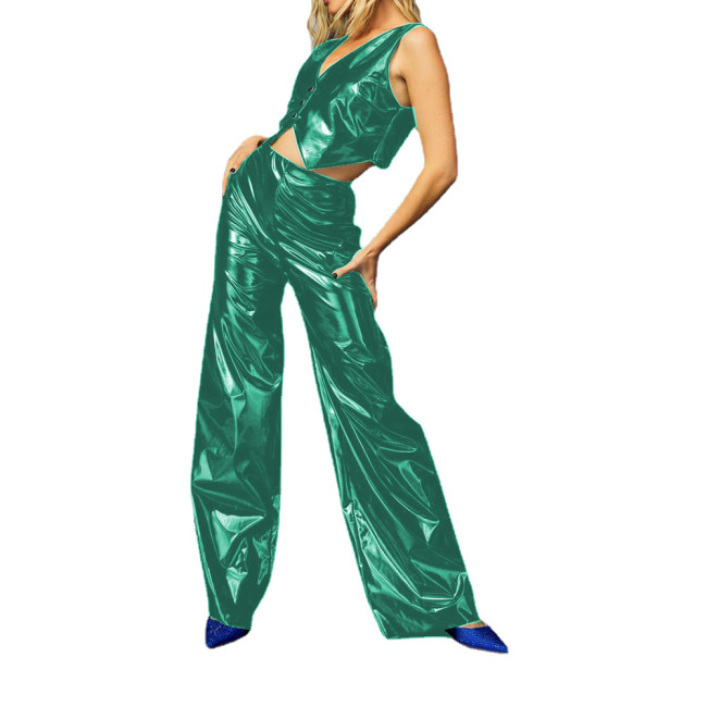 Sexy Club Wet Look PVC Pants Sets Buttons Tank Top and High Waist Flare Longs Pants Outfits Party Costumes Two Piece Sets Womens