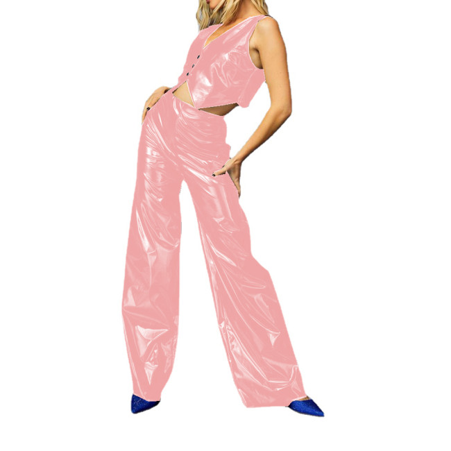 Sexy Club Wet Look PVC Pants Sets Buttons Tank Top and High Waist Flare Longs Pants Outfits Party Costumes Two Piece Sets Womens