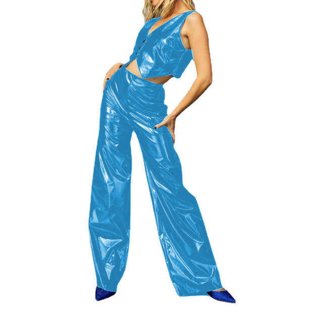Sexy Club Wet Look PVC Pants Sets Buttons Tank Top and High Waist Flare Longs Pants Outfits Party Costumes Two Piece Sets Womens